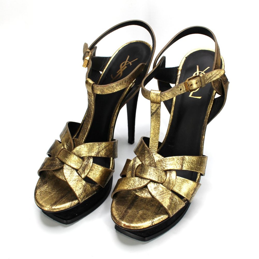 Saint Laurent Tribute Gold Leather Suede Platform Sandal 41 YSL Stiletto Heels - Picture 2 of 8